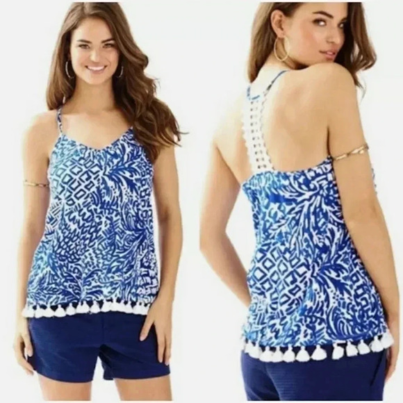 Lilly Pulitzer Tops - Lilly Pulitzer Nya Tank Blue White Racerback Crochet Lace Stretch Pom Trim XXS